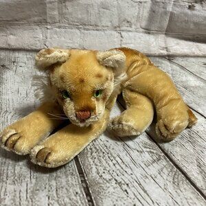 Vintage 1950s Steiff Golden Lion Cub Plush Mohair Stuffed Animal Green Eyes